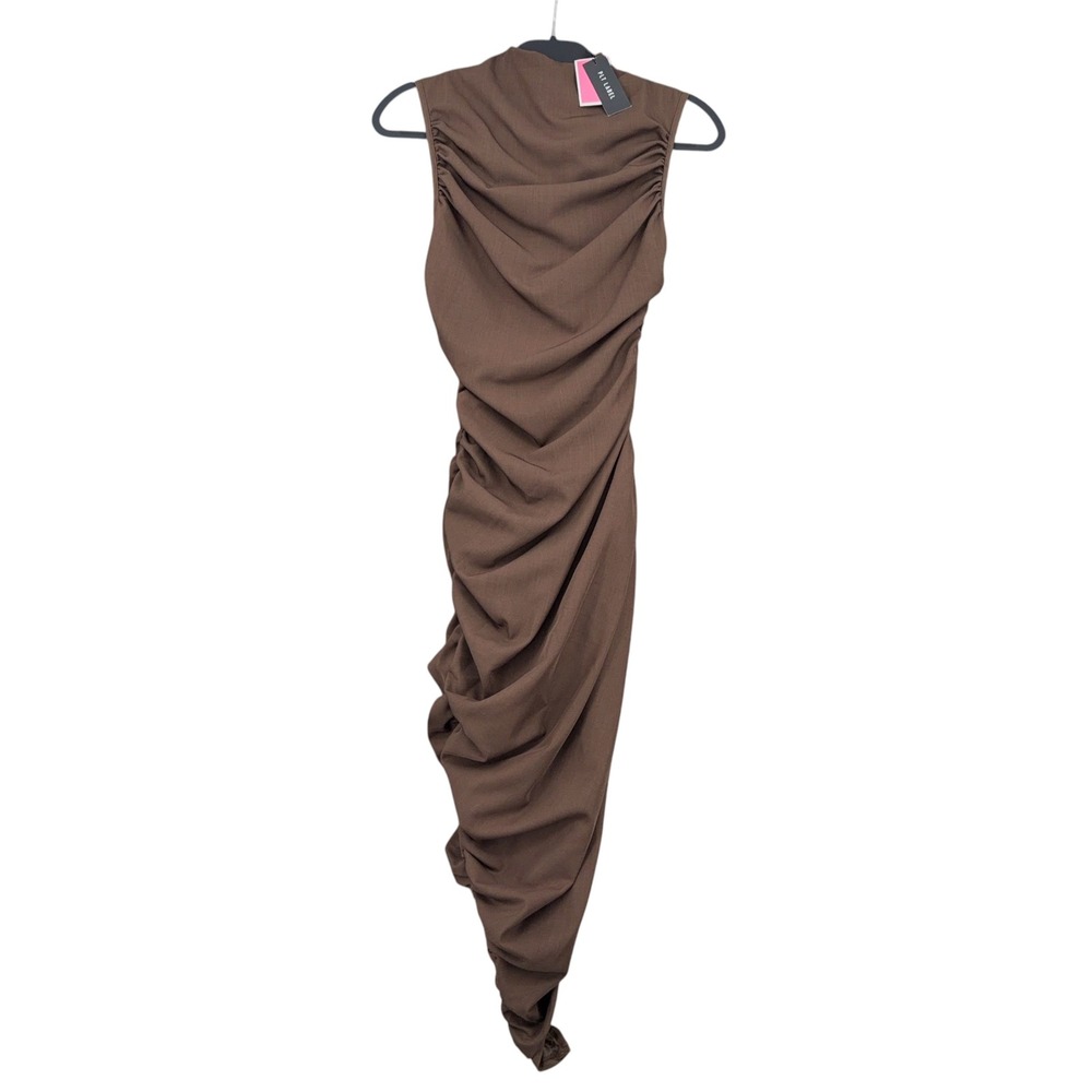 PrettyLittleThing Asymmetric Ruched Midaxi Dress Womens 0 Polyester Brown